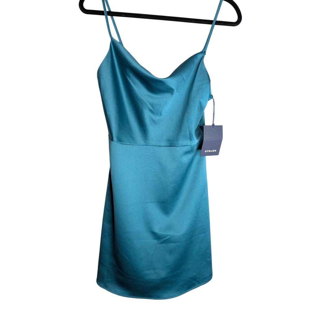 Teal‎ Satin Drape Neck Mini Dress Small NWT Adjustable Straps Slip dress Stelen